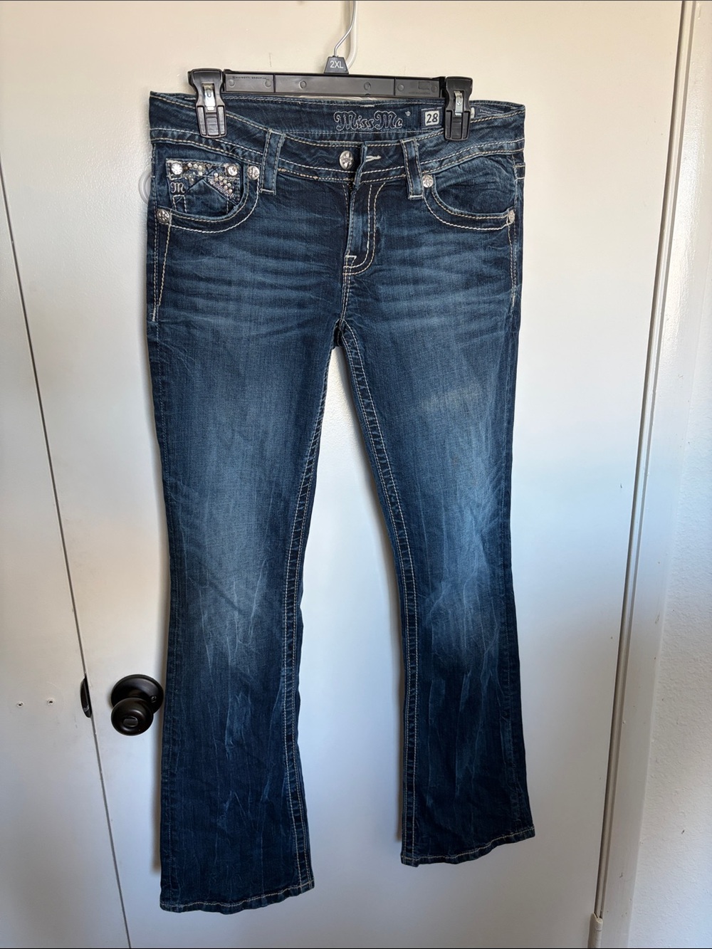 Miss Me Dark Wash Flare Jeans with Embellished Pockets